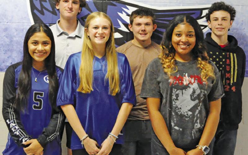 SNOOK HIGH SCHOOL’S homecoming duchesses and dukes are, from left, front, Lesly Vasquez, Dakota Kienow, Romani Johnson, back, Brayden Macik, Jensen Weaver-Jakubik and David Ethan Janac. Tribune photo by Denise Squier