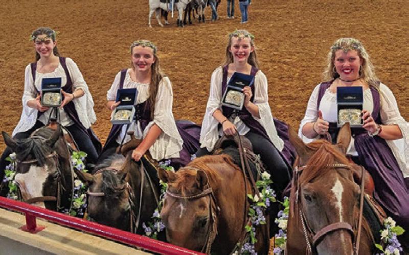 THE 2026 STATE WINNING QUAD DRILL team, consisting of Morgan Pinney, Kaylee Cooper (Burleson County), Addyson Swigert and Madison McCleney-Hardin. Photo courtesy of Samantha Cooper