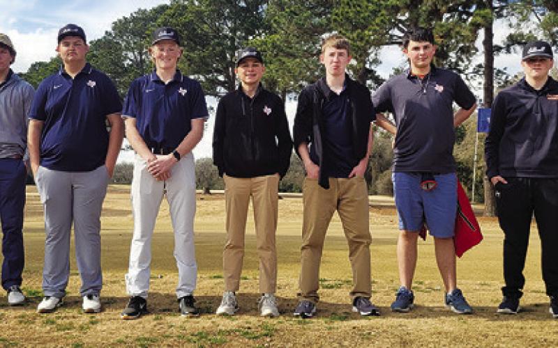 THE CALDWELL HIGH SCHOOL boys golf team includes, from left, Cooper Schluens, Kaden Kritsche, Logan Barnes, Rylan Cross, Conner Schroeder, Kyle Skinner, Jack Gardner, Zane Ginnis and Greg Leseur. The Hornets hosted their tournament on Feb. 2.