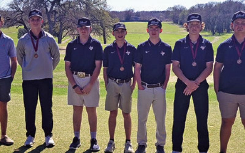 THE CALDWELL BOYS golf team includes, from left, Kaden Fritsche, Cooper Schluens, Zane Ginnis, Conner Schroeder, Kyle Skinner, Rylan Cross and Logan Barns. The team placed third in Cameron.
