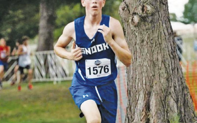 ETHAN JANAC runs in the Class 2A boys’ race at last Friday’s UIL State Cross Country Meet at Old Settler’s Park in Round Rock.