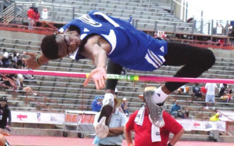 SNOOK’S DESHUN HAMILTON jumps 6 feet 4 inches to finish in fourth place in the boys Class 2A high jump at the UIL State Track and Field Meet in Austin last Friday. -- Tribune photo by Denise Squier