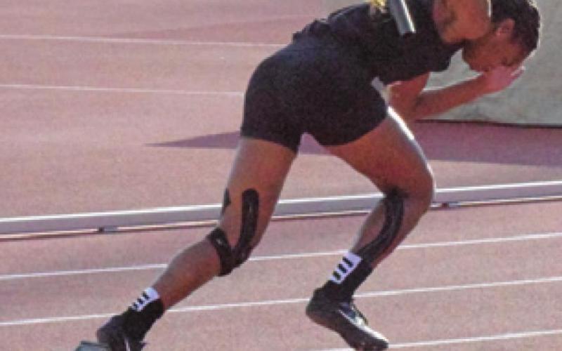 RA’MAYA CARTER leaves the starting blocks during the Lady Yeguas’ 4x200-meter relay run at the UIL State Track and Field Meet.