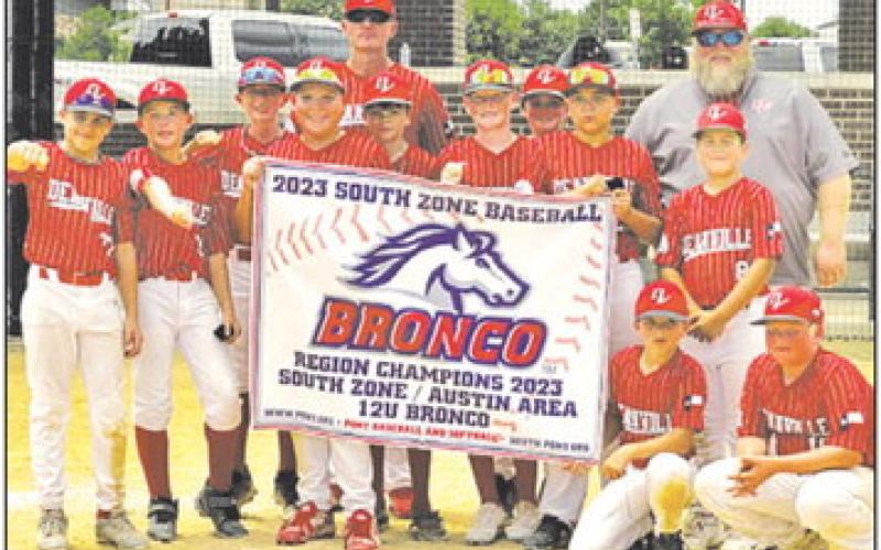 THE DEANVILLE REDS 12U Pony League All-Star Team is, from left, back, Coach Blake Drew, Coach Josh Freeman, middle, Brodie Ford, Evan Hildebrand, Kade Groce, Candon Sanchez, Kolton Willard, Rylan Cross, Blake Elkins, Ajryan Sims, Joceph Rosas, bottom, Parker Smith and Levi Freeman. Not pictured are Coach Nick Rackel and Chase Rackel.