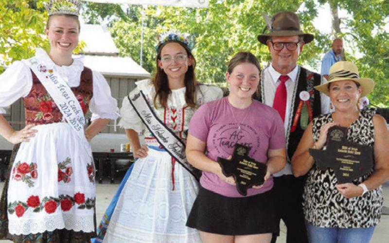 SUSAN VAJDAK and Kaitlyn Kindt were honored as the grand and reserve champions in the Non-professional Burleson County Division of the Kolache Festival Bake Show. Also pictured are Texas Czech Heritage Society’s 2024-25 Miss Texas Czech-Slovak Queen Madelyn Karstedt, Miss Kolache Festival 2024 Olivia Supak and Bruno Shimek. Tribune photo by Denise Squier