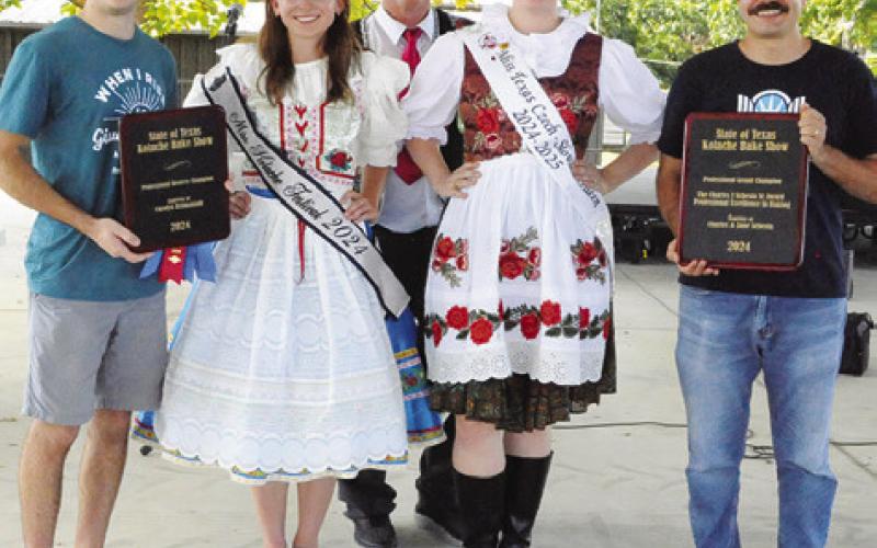 MICHAEL HORNE AND Cory Sinkule were honored as the grand and reserve champions in the Professional Division of the Kolache Festival Bake Show. Also pictured are Texas Czech Heritage Society’s 202425 Miss Texas Czech-Slovak Queen Madelyn Karstedt, Miss Kolache Festival 2024 Olivia Supak and Bruno Shimek. Tribune photo by Denise Squier
