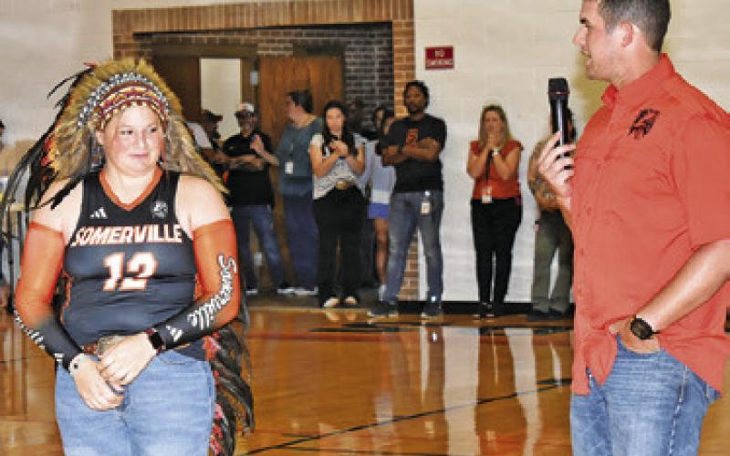 THE SOMERVILLE HIGH School Band performs at Meet the Yeguas. At far left, is Yegua band alumnus Lee Lewis. Lewis, in addition to being an excellent musician, was also a state champion in the 100 meter dash for the Yeguas in 1999. CHEYENNE LEWIS IS introduced to the crowd by Somerville Athletic Director Luke Klingler as the team mascot for the 2025-26 school year.