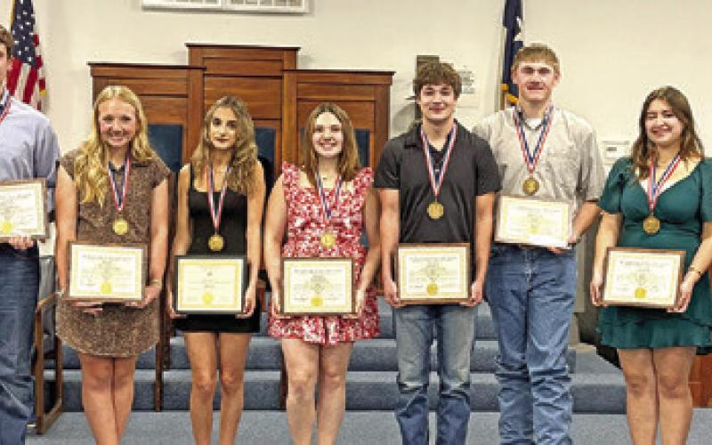 From left: Mrs. Vi Griffin, Brycen Suehs, Mia Witherwax, Alexia Luna, Kaylee Bennett, Brenden Lee, Robert King, Julia Acebo, Cheyenne Deere and Mr. Bill Sargent.