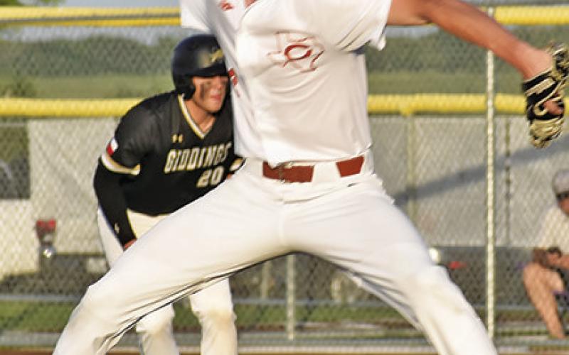 COLBY MARESH OF Caldwell hurls this pitch last Friday against Giddings. Tribune photo by Roy Sanders