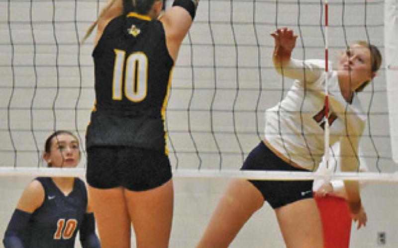 CALDWELL SENIOR Reese McManus led the Lady Hornets with 17 kills during their bi-district match against Sealy last Thursday. Tribune photo by Roy Sanders