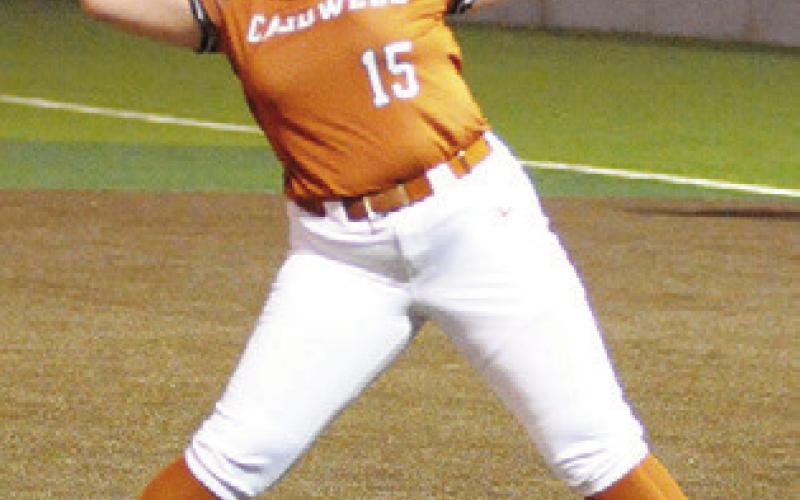 CALLIE FLETCHER earned the win from the circle for Caldwell over Leon last Friday night.