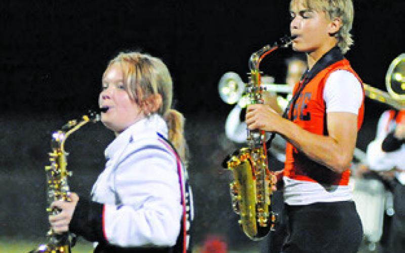 THE YEGUA BAND saxophone section jazzed up the Somerville-Iola halftime. Pictured are Amy Saxon and Jadon Moses. Tribune photo by Denise Squier
