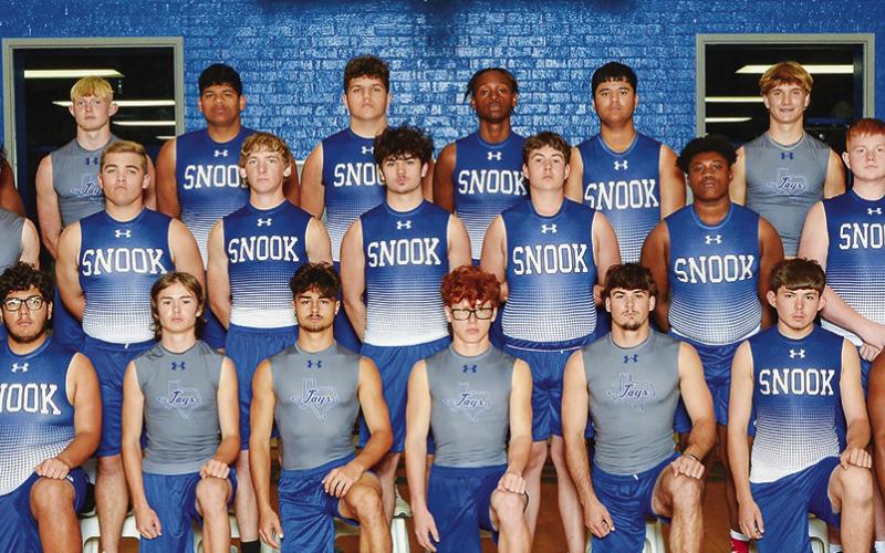 THE 2024 SNOOK BLUEJAY TRACK team is, from left, back, Ke’Treen Carter, Liam Zequiera, Noel Lara, Trey Daniels, Jeremiah Powell, Ramiro Martinez Banuelos, Silas Hetland, J Beaux Hruska, middle, Ethan Janac, Brandon Baker, Trace Huddleston, AJ Watson, Mason Hahn, Jemeriah Curry, Alex Bond, Brett Withem, front, Jacob Castaneda, Christopher Quevedo, Gabe LaCaze, Tristen Yen, Aaron Rodriguez, Jordan Price, Jensen Weaver and Domonic Hankins.