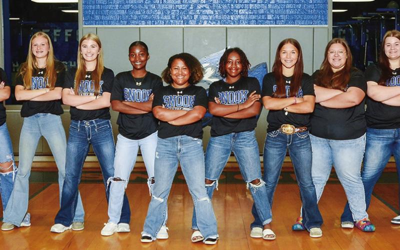 THE 2024 SNOOK LADY JAY track team is, from left, Alexis Macik, Maytee Arrendondo, Dakota Kienow, Kiley Price, Amaya Jones, Iyana Ramirez, Braynija Pool, Jayden Lara, Madelyn Schroeder, Melanie Parmer and Miracle Hill.