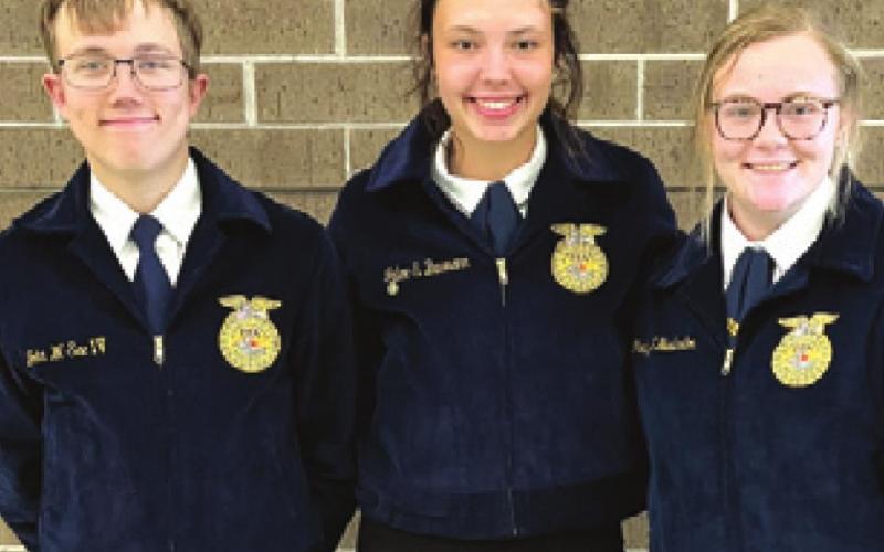 SNOOK FFA HAD three members compete at the Brazos Valley District Speaking Contest on April 28 at Rudder High School. Pictured, from left, are William See, Jalee Baumann and Shelby Huddleston. See and Baumann advanced to the Area XII Speaking Contest which was held last week in Temple.