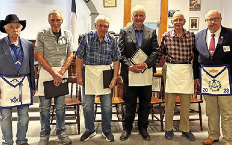 LEE SCOTT MASONIC Lodge No. 793 honored its 50 and 60-year members on Thursday, Aug. 17. Pictured, from left, are Worshipful Master Jack Womack, 50-year member Paul Von Boeckmann, 50-year member Joe Wooley, 60-year member Forrest Lewis, 60-year member Joe Rogers and District 44 Deputy Grand Master Allan Wells.
