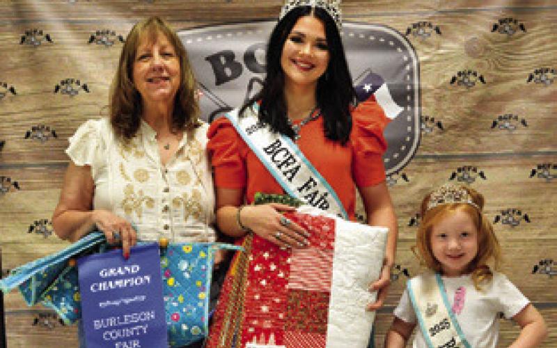BEKKI CAMPISE WON GRAND IN Adult Quilts and Creative Arts and Crafts. Also pictured are Fair Queen Kodi Hitchcock and Little Miss Taytum Hohlt. Tribune photo by Sabine Lazo