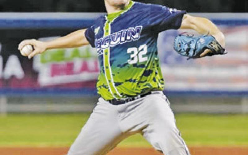 CALDWELL’S TYLAND Lackey pitches for the Seguin River Monsters in the Texas Collegiate League (TCL). The River Monsters recently beat the Brazos Valley Bombers for the TCL championship title.
