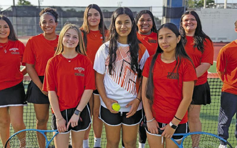 THE 2025 SOMERVILLE TENNIS TEAM is, from left, front, Ryann Ricci, Anette Reyna, Yoanna Bahena Mata, back, Vivianna Munoz, Emma Williams, Gracee Greifffenstein, De Ianca Nix, Aubrey Kovasovic and Colt Holton.
