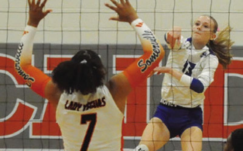 DAKOTA KIENOW hits the ball from the back row over the net while Emma Williams prepares to jump to attempt a block. Tribune photo by Denise Squier