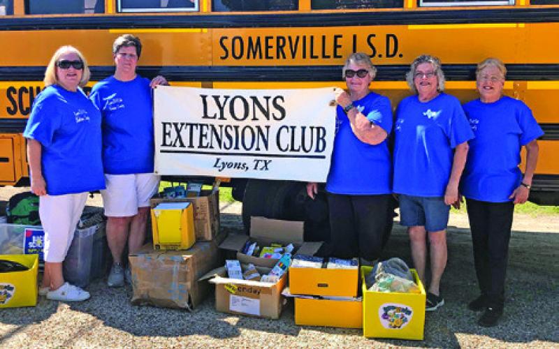 LYONS EXTENSION CLUB collected school supplies for Somerville ISD. Pictured, from left, are Terri Sissom, Brenda Kolojaco, Sharon Stevenson, Tammy Qualls-Tucker and Claudia Pitman.