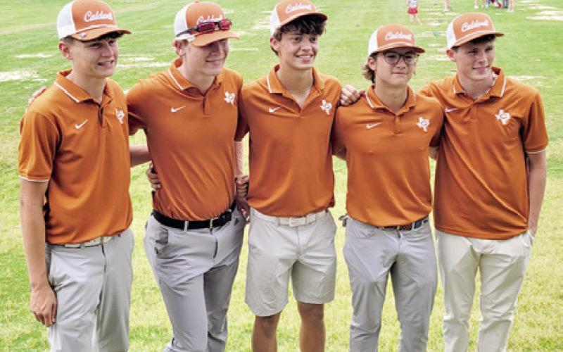 CALDWELL BOYS GOLF team members include, from left, Cobey Mc-Culler, Harrison Novak, Grant McManus, Caden Schluens and Nathan Scott. The boys competed at the regional golf tournament.