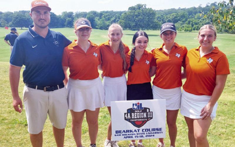THE CALDWELL LADY Hornets gold team is pictured with Head Coach Jacob Schaefer. They include, from left, Sarah Boniol, Madilyn Schneider, Kate Hill, Ciara Coker and Tanzley Johnson.