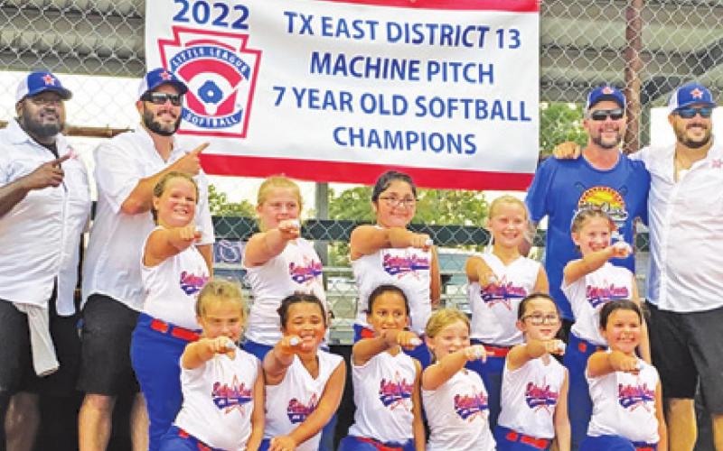 THE BURLESON COUNTY 7-YEAR-old All-Stars machine pitch softball team won the District 13 title this past weekend. The team is Carly Sheppard, Bailey Barnes, Braely Polasek, Blakely Kemper, Karlee Praesel, Jesenia Herrera, Avery Balboa, Macee Lewis, Marley Kocurek, Destinee Holliday and Sheyanne Simons. The team is coached by Robert Polasek, Nick Kemper, Adrian Sheppard and Chad Lewis.