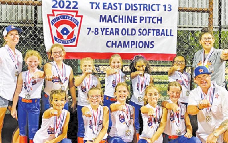 THE BURLESON COUNTY 7-8-YEAR-old All-Stars machine pitch softball team also won the District 13 title this past weekend. The team includes Madilyn Harris, Carli Cross, Nola Brinkman, Ava Teague, Nadilene Marichalar, Dixie Hamilton, Arieanna Alba-Pena, Paisley Brack, Kyndal Conway, Cambree Johnson and McKayla Collins.