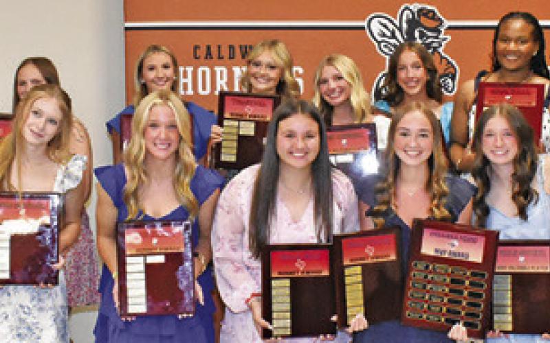 THE GIRLS WINNERS at the annual athletic banquet included, from left, Jordyn Hafernick, Angie Lobo, Aaliyah Porter, Ireland Morgan, Chloe Sams, Molly Meadows, Jolee Telschow, Reese McManus, Kierston Macik, Mayzi Witherwax, Lucy Ferguson, Kylie Vogler, Adeline Hicks, Samone Clark, Jaiden Doonan, Larisa Foster and Greenlee Conway.