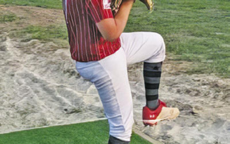 THIS YOUTH BASEBALL player pitches from one of the new pitching mounds donated to the baseball field at West Old San Antonio Road and Commerce Street by the Caldwell Men’s Lions Club.