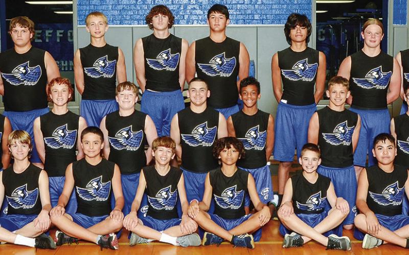 THE 2024 SNOOK BLUEJAY JUNIOR HIGH track team is, from left, back, Brent Turner, Robert Nugent, Barrett Dudensing, Brayden Macik, Kyle Gonzales, Christopher Gomez, Michael Eaton, Levi Garza, middle, Hayden Sims, Barrett Warren, Teagan Groce, Brandon Horn, Sherrond Cole, Bradley Bryant, Blake Bimmerle, front, Sebastian Arrendondo, Anthony Prince, Jesus Zacarias-Martinez, Aiden Frazier, Josue Arias, Brody Prihoda, Carlos Montalvo and Efrain Carmona.