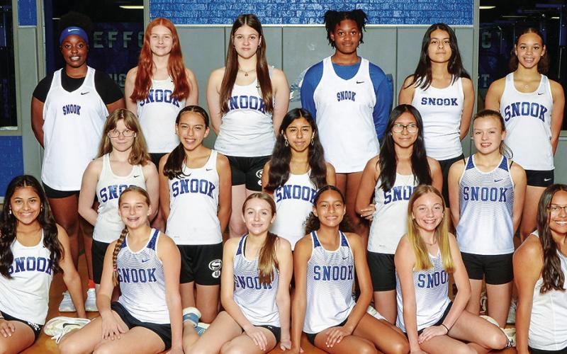 THE 2024 SNOOK LADY JAY junor high track team is, from left, back, Rozaria Carter, Lillie Bond, Heidi Janac, Jai’nylah Curry, Amanda Bernal, Jade Lauderdale, middle, Adaleigh Gable, Tania Serrato, Hanalei Quinones, Zoe Morales, Imogen Hott, front, Lesly Vasquez-Ramirez, Mabry Prihoda, Aileen Gienseschlag, Jaci’lee Perez, Kennedi Withem and Nevah Salmi.