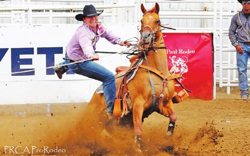 CALDWELL’S WESTYN HUGHES finished third in Tie-Down Roping in the second round with a time of 7.8 seconds at the St. Paul Rodeo in St. Paul, Oregon, over June 30 through July 4.