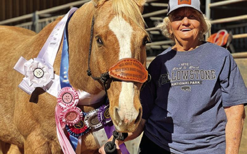 LEE ANN GALLAGHER OF CALDWELL and her horse Bentley were the 2025 Adult Walk Trot Ranch Trail champions with a score of 78 at this year’s Texas Ranch Horse Championship. Tribune photo by Sabine Lazo