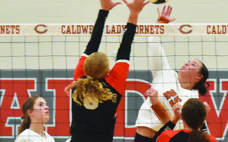 CALDWELL’S KIERSTYN MACIK hits the ball past two Smithville players during the Lady Hornets’ win over the Lady Tigers on Friday. Tribune photo by Roy Sanders