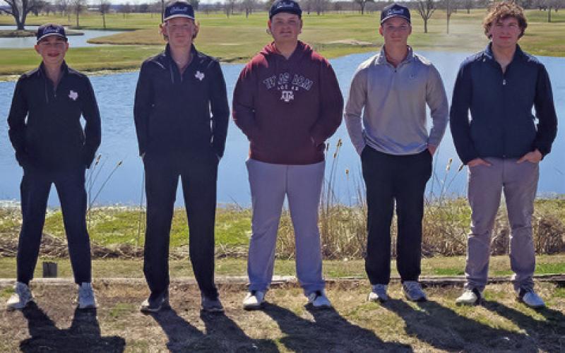 CALDWELL HIGH SCHOOL boys golf team members include, from left, Conner Schroeder, Rylan Cross, Logan Barnes, Cooper Schluens and Kaden Fritsche. The boys placed fourth in Navasota.