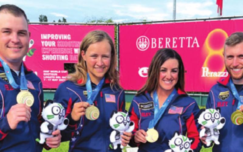PHILLIP JUNGMAN AND FELLOW Olympians placed first and third in the Skeet Mixed Team event at the 2021 World Cup in Lonato, Italy. Jungman and fellow Texan Austen Smith earned the bronze medal, and Amber English and Vincent Hancock won the gold medal.