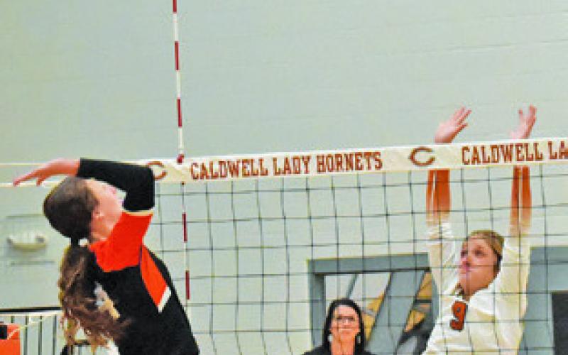 CALDWELL’S MOLLY MEADOWS leaps to attempt a block during the Lady Hornets’ win over Smithville on Friday at Hornet Gym. Tribune photo by Roy Sanders