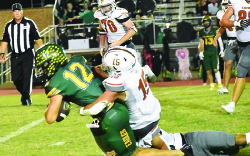 CALDWELL’S JOSH WILSON brings down a Lexington ball carrier in the Hornets’ 52-7 road loss last Friday. Tribune photo by Roy Sanders
