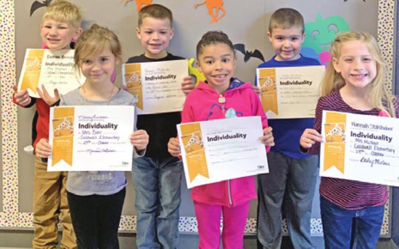 SEVEN KINDERGARTEN STUDENTS at Caldwell Elementary School were recognized with Person of Value for Individuality certificates. Pictured from the left are: Easton Brinson, Melody Lundeen, Beaux McBride , Cadence Jackson, Slade McManus, and Hannah Stahlheber. Not pictured is Celso Vargas.