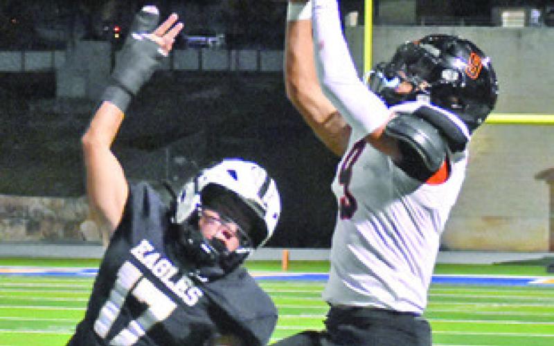 GREG FOWLER reaches high for this pass against Junction last Friday. Tribune photo by Roy Sanders