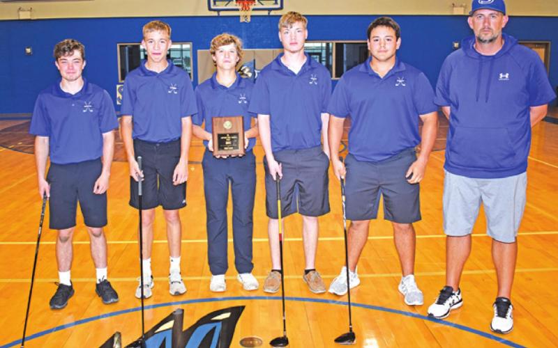 SNOOK GOLF TEAM members include, from left, Cason Pitts, Brett Withem, Caden Schluens, Chevy Barker, Cody Noriega and Coach Dylan Conway. -- Tribune photo by Roy Sanders