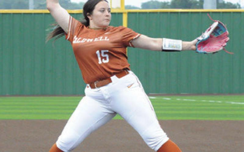 CALLIE FLETCHER pitched a perfect game against Scarborough during the Lady Hornets’ bi-district win in Navasota.