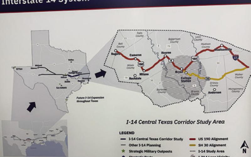 A POSSIBLE ROUTE is depicted for the overall I-14 project.