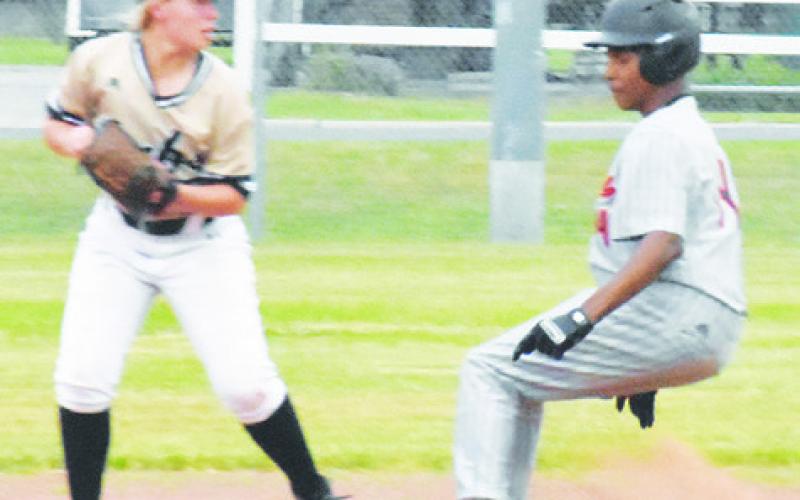 CALEB HANKS OF Somerville slides into second base in last week’s game against Round Top-Carmine. The Yeguas lost the doubleheader.