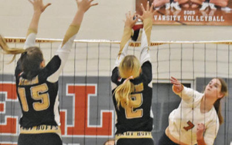 CALDWELL’S LYDIA GIESE has a little help from the net to earn a point for Caldwell during Caldwell’s win over Giddings on Friday. Tribune photo by Roy Sanders