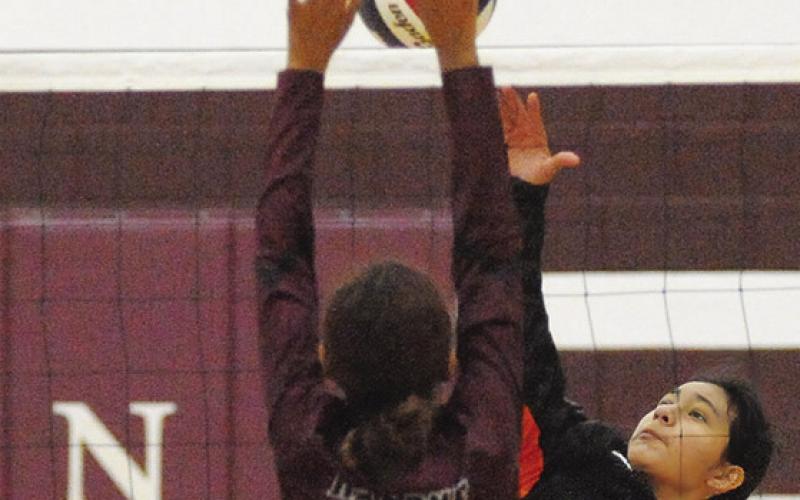 SOMERVILLE’S ANETTE REYNA hits the ball through two Hearne blockers during Somerville’s road win over Hearne last Friday. Tribune photo by Denise Squier