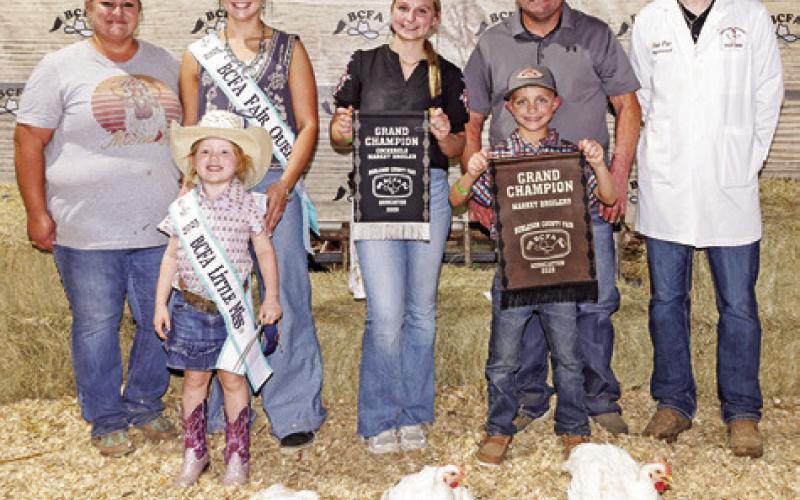 RIXTON MANTEY EXHIBITED the Grand Champion Broilers at the 2025 Burleson County Fair. Also pictured are Kara Mantey, Fair Queen Kodi Hitchcock and Little Miss Taytum Hohlt, Ricky Mantey and Judge Jacob Price.