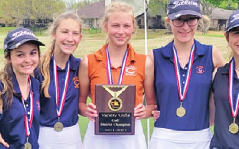 THE CALDWELL LADY Hornets team members include, from left, Kate Hill, Madilyn Schneider, Maegan Schneider, Alexis Zalobny and Ciara Coker. The Lady Hornets won the district championship.